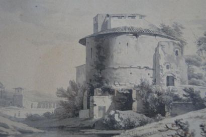 Ecole du XIXe sicèle Paysage, dessin daté 1830 et monogrammé SL 18 x 18 cm(à vue...