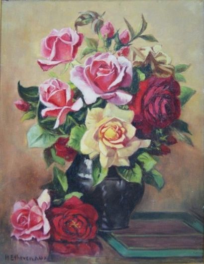 null Bouquet de roses, huile sur toile, signée "H Ethevenaux" 46 x 32,5 cm