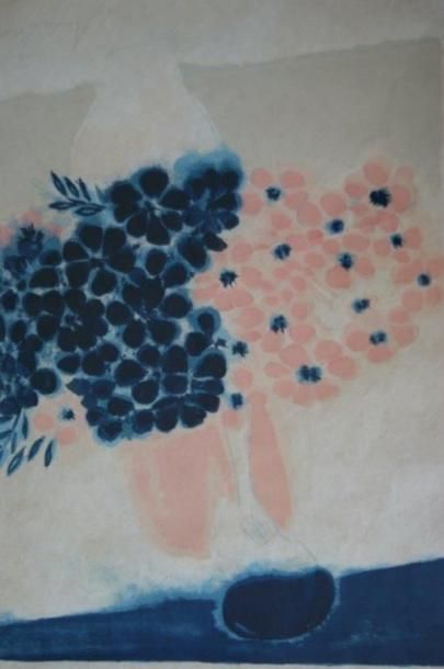 null André BRASILIER, Jeune femme au bouquet rose et bleu, lithographie en couleurs,...