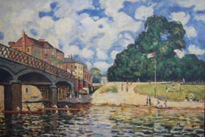 null D'après Sisley, le Pont de Hampton Court, huile sur toile, signée E Turner en...