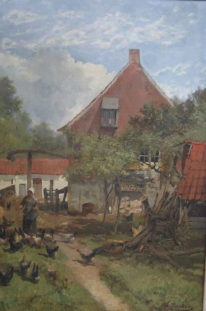null Ecole moderne (XIXe-XXe) Cour de ferme, huile sur toile, signée "Alfred Boutens"...