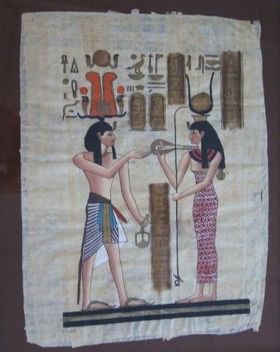 null Lot de deux pièces encadrées : une impression sur soie et un papyrus égypti...