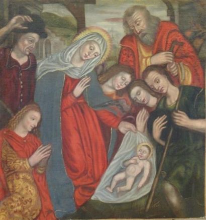 null Ecole du XVIIe siècle, Adoration des bergers, huile sur toile. 73x 67 cm (restauration,...