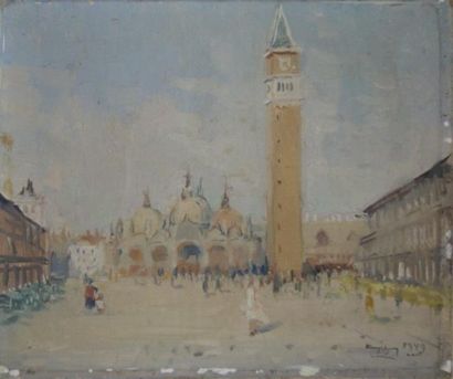 null Ecole française du XXe siècle, Vue de Venise (place Saint Marc). Huile sur toile,...