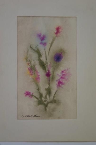 null Colette PETTIER, Quelques fleurettes, aquarelle. Daté 1972. 24 x 14 cm