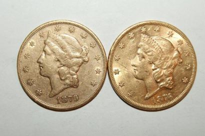 null  Lot de 2 pièces de 20 Dollars américains Tête de femme de 1879 avec la lettre...