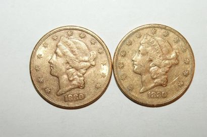 null  Lot de 2 pièces de 20 Dollars américains Tête de femme de 1880 avec la lettre...