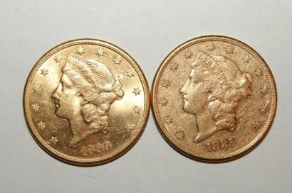 null  Lot de 2 pièces de 20 Dollars américains Tête de femme une de 1885 avec la...