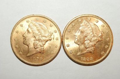 null  Lot de 2 pièces de 20 Dollars américains Tête de femme une de 1898 avec la...