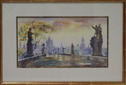 null Ecole moderne, le pont Charles à Prague, aquarelle. 19 x 35 cm (à vue)