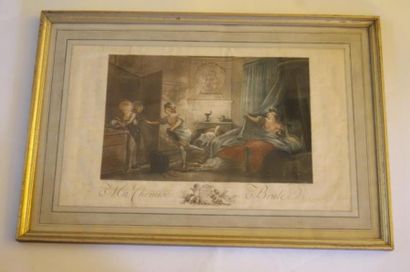 null D'après Fragonard, "Ma chemise me brûle". Gravure en couleurs. 43 x 63 cm