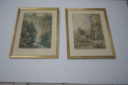 null Ecole moderne, Cour de ferme - Paysage. Ensemble de deux aquarelles. Taille...