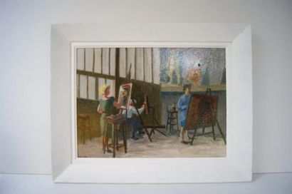 null Ecole moderne, L'Atelier de peinture. Huile sur carton. 34 x 46 cm