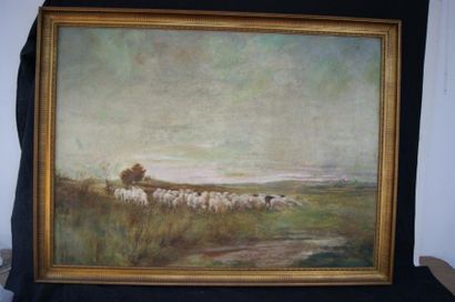 null Ecole française XIXe, Paysage aux moutons. Huile sur toile. 73 x 99 cm (res...