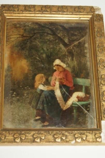 null Petite peinture figurant une mère et son enfant. 14 x 10 cm (accident au ve...