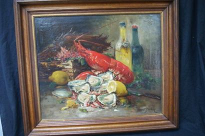 null V. GUERIN Nature morte au homard, huile sur toile, signée en bas à droite. 54x65...