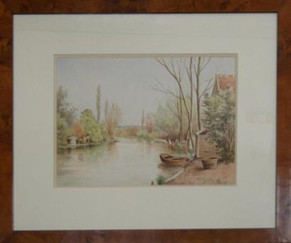 null GIROT Francois Joseph (1873-1917) Paysage à la barque. Aquarelle, signée en...