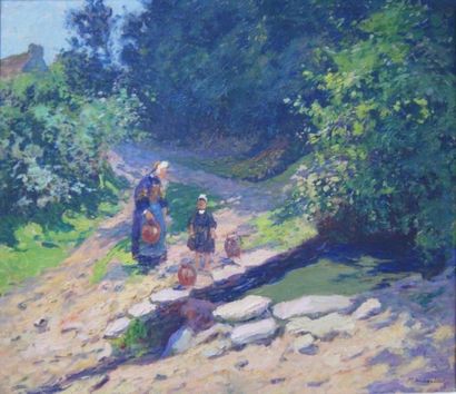 null Paul MADELINE (1863-1920) Paysane dans un chemin , huile sur toile, 45x54 c...