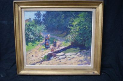 null Paul MADELINE (1863-1920) Paysane dans un chemin , huile sur toile, 45x54 c...