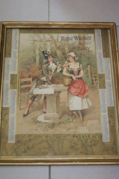 null Calendrier 1899 de la Maison René Wiener à Nancy. 54 x 45 cm Encadré sou ve...