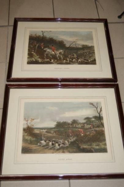 null Paire de gravures anglaises en couleur figurant des scènes de chasse à cour...