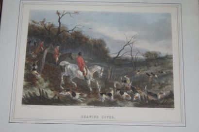 null Paire de gravures anglaises en couleur figurant des scènes de chasse à cour...