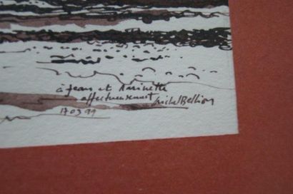 null BELLION Michel (1946) Vue de port breton. Dessin. Signée et dédicacé. 13 x 41...