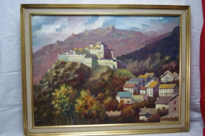null R. MENGHING " paysage au chateau" Huile sur toile , signé en bas à gauche. 54...