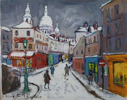 null Bruno Emile LAURENT (1928-) Rue Norvins sous la Neige. Huile sur toile. 33 x41...