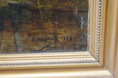 null DESDOITS " Paysages au bord de l'étang" Ensemble de deux huiles sur toile, signé...