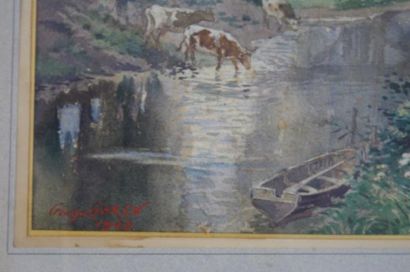 null GAREN "Paysage au pont" Aquarelle, signée et datée 1903. 47 x 31 cm