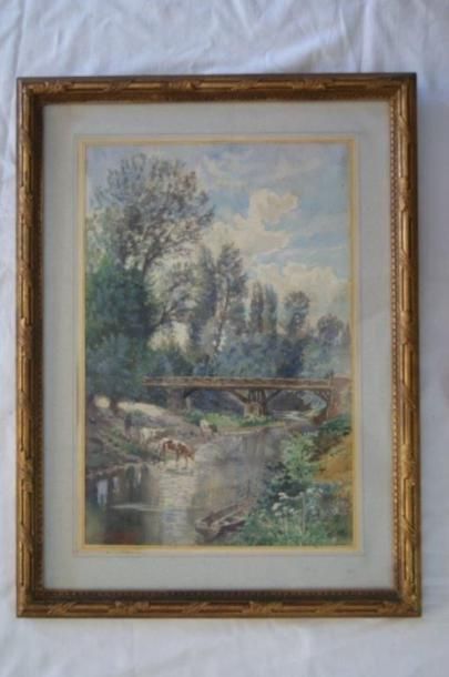 null GAREN "Paysage au pont" Aquarelle, signée et datée 1903. 47 x 31 cm
