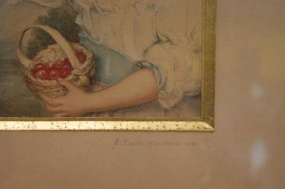 null J.E. COURBE " Petite fille aux cerises" aquarelle , datée de 1889. 18 X14 à...