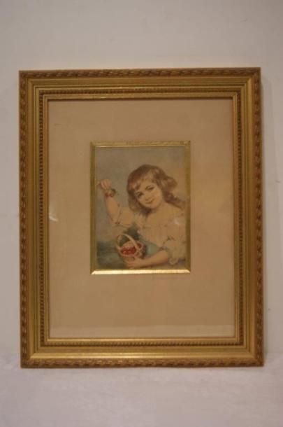 null J.E. COURBE " Petite fille aux cerises" aquarelle , datée de 1889. 18 X14 à...