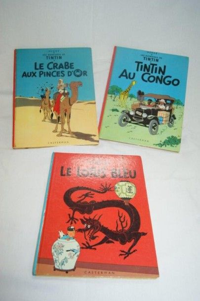 null Lot de 3 albums de Tintin : Lotus bleu (1966), Tintin au Congo (1970), Le Crabe...