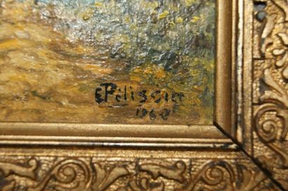 null Petite huile sur panneau, figurant une Mare, signée Pelissier, datée 1860. 15...