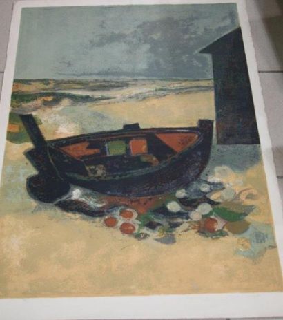 null Lot de 2 lithographies, signées : André MINAUX "Bâteau de Pêche" 59 x 90 cm...