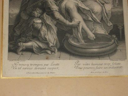 null Ecole française du XVIIIe siècle, Gravure en noir figurant une scène de toilette....