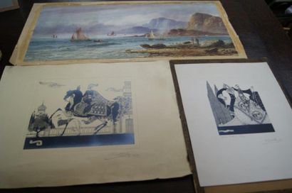 null Lot composé d'une aquarelle figurant des pêcheurs (signée Lewis, datée 93) et...
