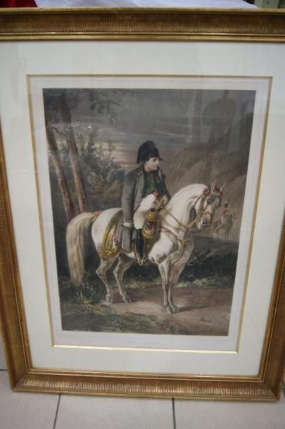 null D'après Charlet "Napoléon à cheval" Lithographie en couleurs. (pliure au centre)...