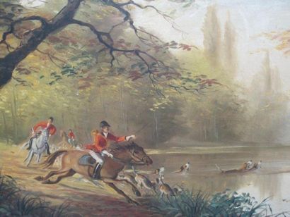 null LAMBERT Scène de chasse à courre. Huile sur toile. 60 x 120 cm Cadre en bois...