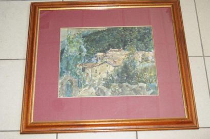 null SOUVIGNET "Paysage aux maisons" Aquarelle, signée et

datée 74. Encadrée sous...