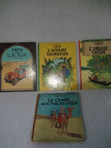 null TINTIN Ensemble de 4 bandes dessinées : "Le Crabe aux pinces d'or" (1962, mauvais...