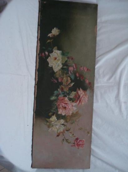 null Ecole moderne "Nature morte aux roses" Huile sur toile. 100 x 35 cm (acc, m...