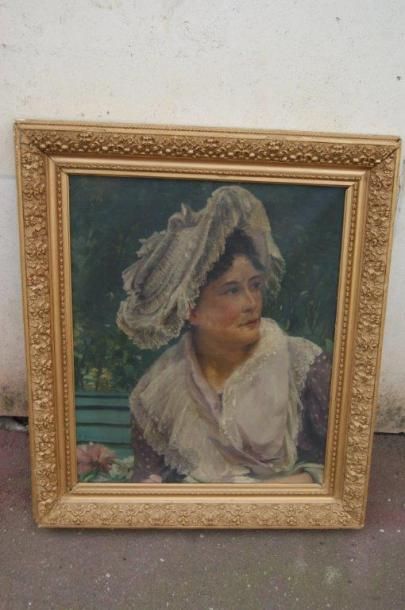 null Ecole française vers 1900 "Portrait de dame au chapeau" Huile sur toile.61 x...