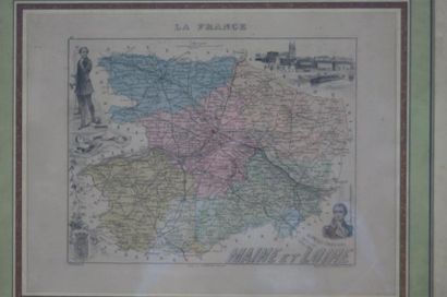 null Gravure en couleurs figurant une carte du Maine et Loire. Encadrée sous verre....