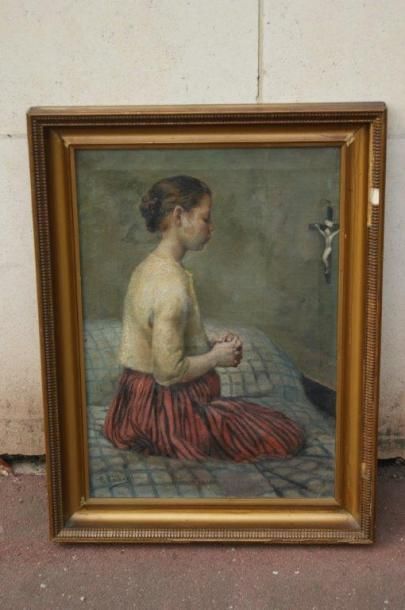 null E. COUBEAUX "Jeune fille priant" Huile sur toile. SBD. 57 x 40 cm (restaurations)...