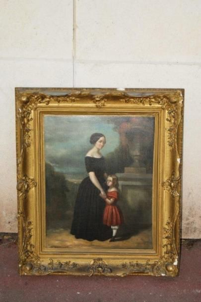 null Ecole française du XIXe siècle, Mère et son enfant, huile sur toile. Porte une...