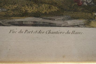 null ECOLE FRANCAISE DU XVIII " vue d'optique , port du Havre" gravure rehaussée....