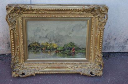 null Ecole française vers 1880 "Paysage aux vaches. Huile sur toile. 19 x 28 cm Cadre...